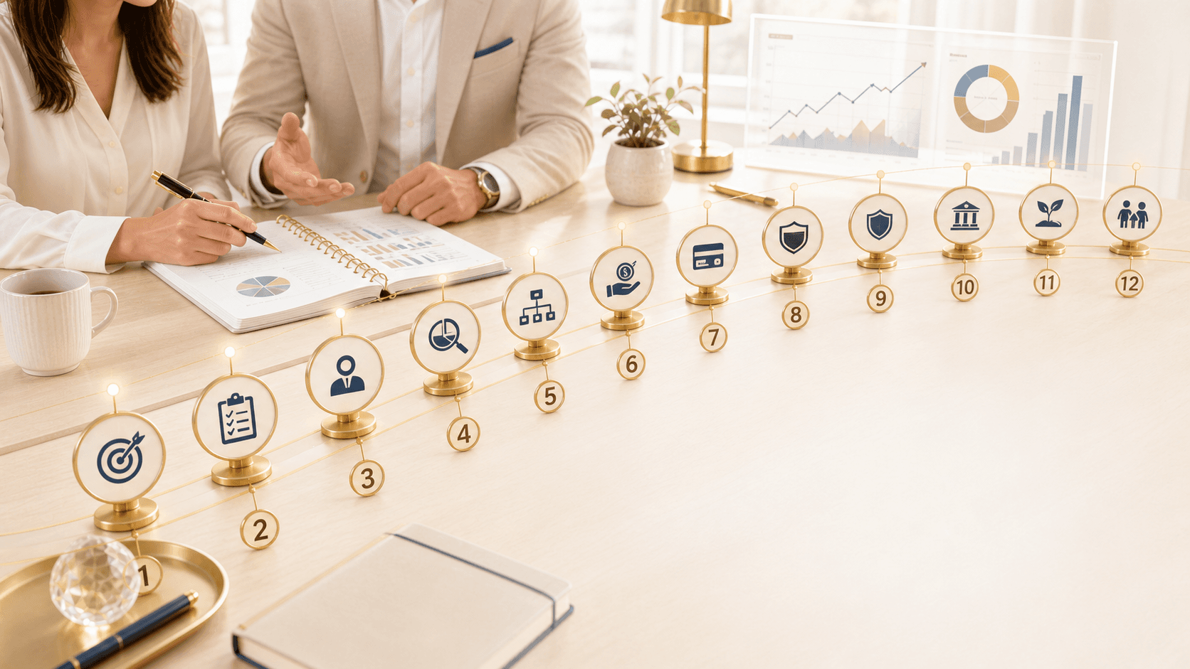 Twelve-month financial coaching roadmap with monthly progress milestones